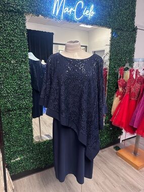 R&M Richards Navy Blue Asymmetrical Lace Poncho Dress